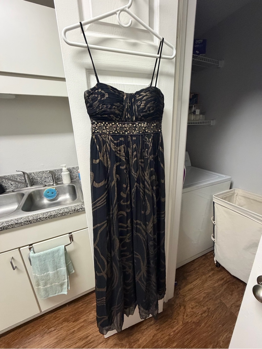 Strapless Black and Gold Evening Dress with Beaded Waist